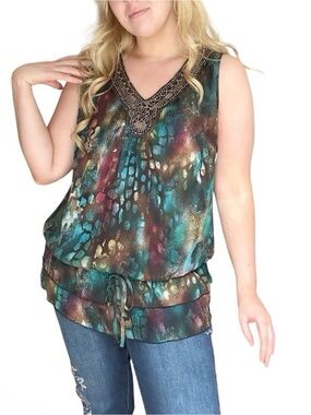 New Directions Women’s L Brown Beaded Detail Sleeveless Ruched Blouse Boho 90s